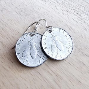 Vintage Italy Honey bee Coin Earrings, 2 Lire, Olive Branch .925 Sterling Silver Ear Wire, Light Aluminum, Handcrafted in USA E. Ria Designs