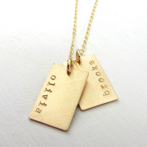 Gold Dog Tag Necklace | Gold Name Necklace | Double Pendants | Engraved Hand Stamped Name Charms | Gold Name Charms | 14K GF | Personalized