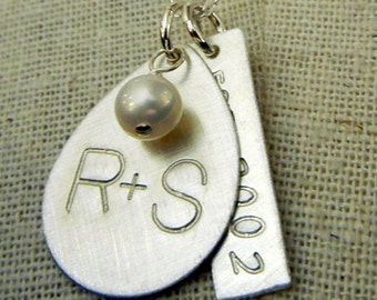 Personalized Teardrop and Bar Initial and Date Charm Necklace, .925 Sterling Silver, Custom Artisan Handmade Jewelry by E. Ria Designs