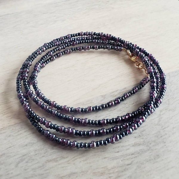 Dark Irridescent Purple Mixed Glass Long Beaded Necklace, 14K Gold Filled Lobster Claw Clasp, Plum Purple Beads, Gift Boxed, E. Ria Designs