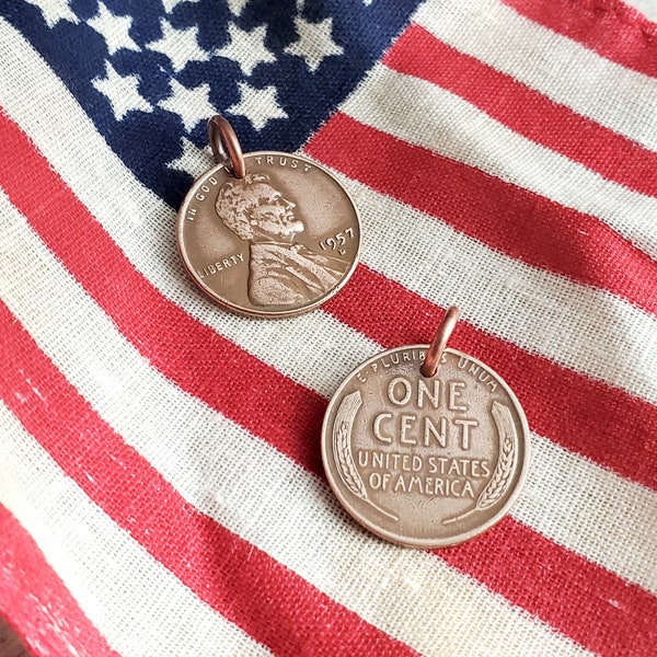 Lucky Wheat Penny Charm, USA Vintage Coin, Made in America, Handcrafted by E. Ria Designs, Choose Your Year, Gift Boxed, Handmade. Patriotic