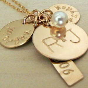 Gold Mothers Necklace, Gold Family Necklace, Personalized Family Charms, Hand Stamped Tags, 14K Gold Filled by E. Ria Designs, Made in USA