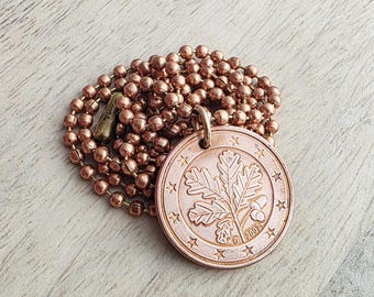 2002 Oak Leaf 5 Cent Euro Coin, Copper Ball Chain, Birthday Gift, Travel Token, E. Ria Designs