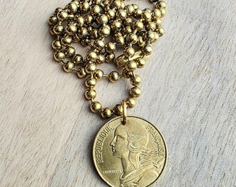Old Vintage French 20 Centimes Coin Necklace, Brass Ball Chain, Birthday Gift Boxed, Marianne Profile, Handcrafted in USA by E. Ria Designs