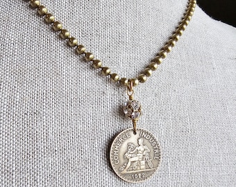 1922 French Coin Necklace, 2 Francs, Rhinestone Ball Bead, Brass Ball Chain, Made in USA, Handmade, Gift Box, Sparkly Jewelry, France Gift