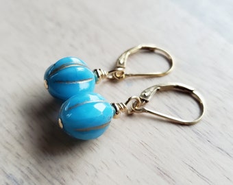 Aqua Blue and Gold Earrings, 14K Gold Filled Lever Backs, Czech Glass Beads, Gift Boxed, E. Ria Designs, Made in USA, Wire-Wrapped