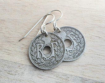 French Washer Coin Earrings, .925 Sterling Silver Ear Wires, 5 Cents, Handcrafted USA, E. Ria Designs, Gift Box