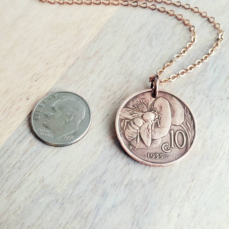 Italian Honeybee Flower Coin Necklace, Early 1900's Italy Honey Bee 10 Copper Coin Charm, Handmade Jewelry by E. Ria Designs image 6