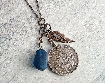1964 Half Penny British Ship Coin Necklace, Blue Sea Glass, Leaf Charm, E. Ria Designs