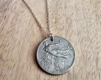 Antique Italy Coin Necklace, Italia 20 Centesimi, Victory in Flight, Sterling Silver Chain, 1912, Gift Box, Handmade in USA, E. Ria Designs