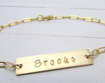 Personalized Gold Name Bracelet, Hand Stamped ID Tag, 14K Gold Filled, Brushed, Hammered, Shiny Or Cross-Hatch Brushed Custom E. Ria Designs