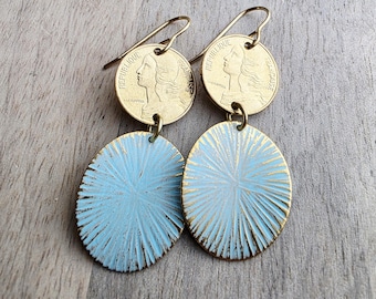 French Coin, Aqua Green Patina Starburst Ovals, Brass Earwires, Gift Boxed, E. Ria Designs