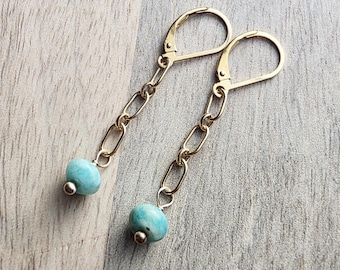 14K Gold Filled Chain Link Earrings, Amazonite Beads, Lever Back, Gift Boxed, Made in USA, E Ria Designs