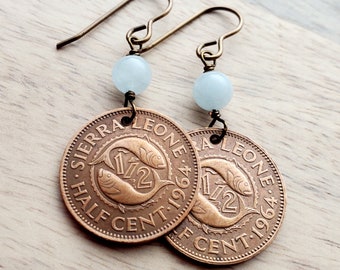 Genuine Aquamarine & 1964 Sierra Leone Half Cent Fish Coin Earrings, Brass Ear Wires, Made in USA, Gift Boxed Birthday, Anniversary Gift