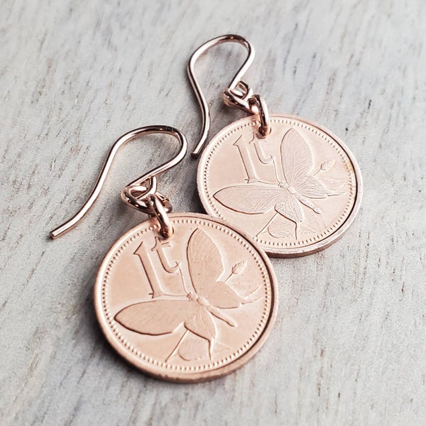 Butterfly Coin Earrings, Copper, 14K Rose Gold Filled Ear Wires, Papua New Guinea 1987 Coin Jewelry 7th Anniversary Gift By E. Ria Designs