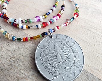 Genuine Italian Coin Necklace, Old Italy 2 Lira, Mixed Color Seed Bead Necklace, Made in USA, E. Ria Designs