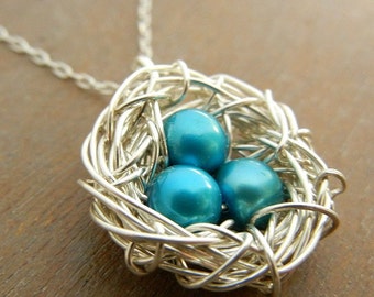 Nest Necklace | Bird Nest Charm Pendant Necklace | Sterling Silver | Pearl Eggs | Mothers Necklace | Mommy Jewelry by E. Ria Designs