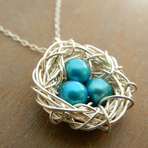 Silver Bird Nest Necklace With Turquoise Eggs Mothers Day Etsy