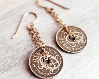 Vintage Denmark 7 Ore Coin Earrings, Brass Washer, 1929, 1939, Crown, Kongle AF Danmark, Old Coin Jewelry, Handcrafted by E. Ria Desings
