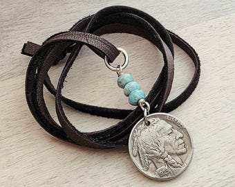 Vintage 1929 Buffalo Nickel Leather Necklace, Native American Coin, Amazonite Nugget Gemstone Beads, Coin Jewelry ,Handmade E. Ria Designs