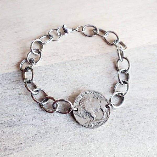 U.S. Early 1900's Buffalo Nickel Bracelet, Chunky Stainless Steel Oval Cable Chain, Lobster Claw, Bison, Indian Profile, Native American
