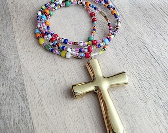 Christian Cross Necklace, Brass Pendant , Mixed Color Seed Bead Necklace, Made in USA, E. Ria Designs