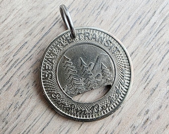 Seattle Transit Bus Token Charm, Pendant, Evergreens, Mountain Scene, Good for Child's Fare, Hang on Necklace or Bracelet, Gift Boxed, USA