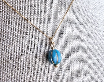 Aqua Turquoise Blue Czech Glass Charm Necklace, Faceted Iridescent Bead, 10K Gold Filled Chain 18 Inches, Handmade in USA, Gift Boxed