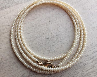 Long Neutral Hand Beaded Ivory Pearl Seed Bead Necklace, Layering Necklace, Made in USA, E. Ria Designs