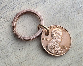 Lucky Penny Keyring, Copper Split Ring, 1976 U.S. Copper Penny Abraham Lincoln, United States Bicentennial Commemorative Coin