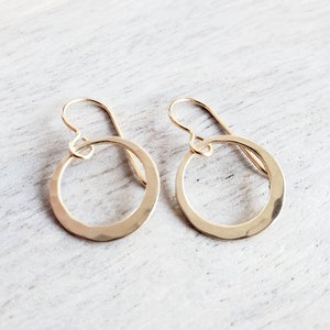 Hammered Gold Hoop Earrings, 14K Gold Filled Off-Center French Ear Wire, Handcrafted by E. Ria Designs, Gift Boxed, 5/8&quot;, Last Minute Gift