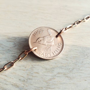 Vintage Bird Coin Bracelet, British Farthing, Mid-Century Date, Brass Cable Chain, Queen Elizabeth II, Birthday Gift Handcrafted Eriadesigns