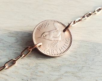 Vintage Bird Coin Bracelet, British Farthing, Mid-Century Date, Brass Cable Chain, Queen Elizabeth II, Birthday Gift Handcrafted Eriadesigns