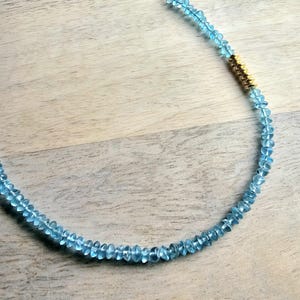 Long Aqua Blue Apatite Gemstone, 14k Gold Filled Cable Chain Necklace, Saucer Gold Beads, Handmade, Gift Boxed, Made in USA, E. Ria Designs
