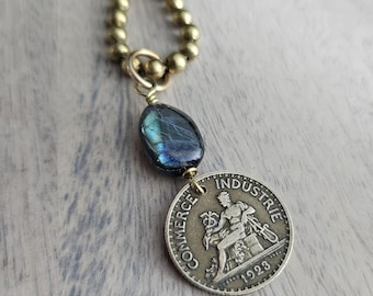 Genuine 1923 French 1 Franc Coin Necklace, Blue Labradorite Gemstone Bead, Brass Ball Chain, E. Ria Designs, Made in USA, Gift Boxed