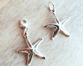 Solid .925 Sterling Silver Starfish Charm, 3-Dimensional, Add to Bracelet or Necklace, Lobster Clasp Optional, E. Ria Designs