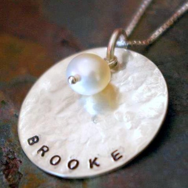 Personalized Name Necklace with Pearl - JULIA Hand Stamped Hammered Sterling Silver Personalized Necklace with Pearl by E. Ria Designs