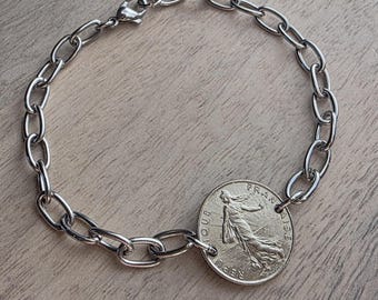 Vintage French Coin Bracelet, 1/2 Franc, Francaise Gift,  The Sower, Stainless Steel Drawn Cable Chain Links Made in USA E. Ria Designs