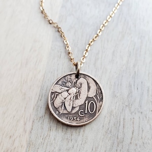 Italian Honeybee Flower Coin Necklace, Early 1900's Italy Honey Bee 10 Copper Coin Charm, Handmade Jewelry by E. Ria Designs image 1