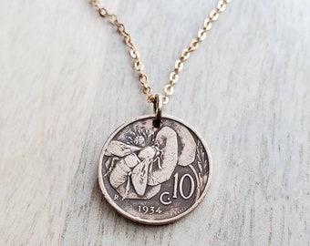 Italian Honeybee Flower Coin Necklace, Early 1900's Italy Honey Bee 10 Copper Coin Charm, Handmade Jewelry by E. Ria Designs