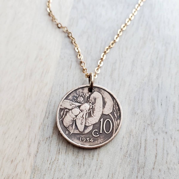 Italian Honeybee Flower Coin Necklace, Early 1900's Italy Honey Bee 10 Copper Coin Charm, Handmade Jewelry by E. Ria Designs