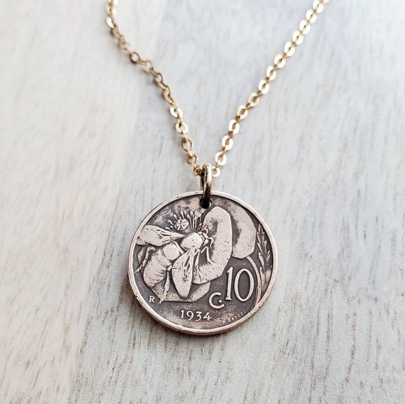 Italian Honeybee Flower Coin Necklace, Early 1900's Italy Honey Bee 10 Copper Coin Charm, Handmade Jewelry by E. Ria Designs image 1