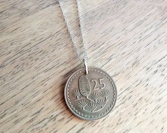 1963 Cyprus Pinecone Coin Necklace, Kibris Kumhuriyeti, 25 Mil, Cedar Tree, Sterling Silver Chain, Gift Boxed, E. Ria Designs, Birthday Gift