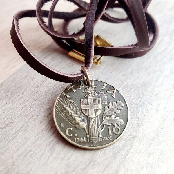 Vintage 1941 Italia (Italy) 10 Centesimi Coin Necklace, Oak Leaves, Wheat Sheaf, Cross Shield, Brown Leather Deerskin Necklace, Gift Boxed
