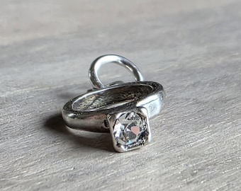 Sterling Silver Fake Diamond Solitaire Ring, Engagement Jewelry, 925 Silver, Add to Charm Bracelet or Necklace Chain
