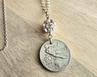 1909 Antique Italy Coin Necklace, Rhinestone Ball, .925 Sterling Silver Cable + Rolo Chain, Gift Box, Artisan Handmade in USA, 20 Centesimi