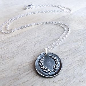Laurel Wreath Wax Seal .999 Fine Silver Charm Necklace, Chunky Oxidized Pendant, Anniversary or Birthday Gift Boxed, Hand Crafted in USA