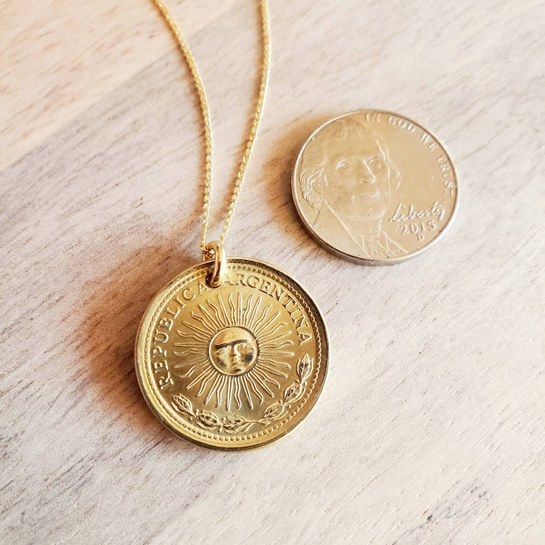 1976 Argentina Gold Sun Coin Necklace, 1 Peso, 12K Gold Filled 18 Inch Curb Chain, Gift Boxed, Made in USA by E. Ria Designs image 3