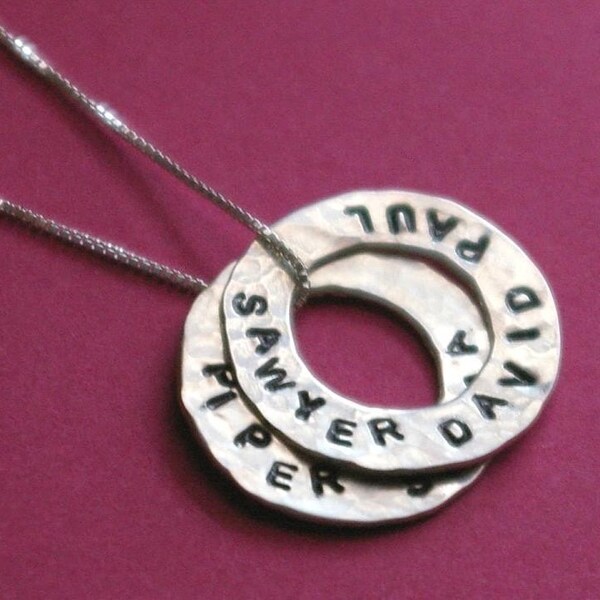 Double Washer Stamped Family Necklace - ANA DUO Hand Stamped Hammered Sterling Silver Washer/ Eternity Ring Necklace by E. Ria Designs