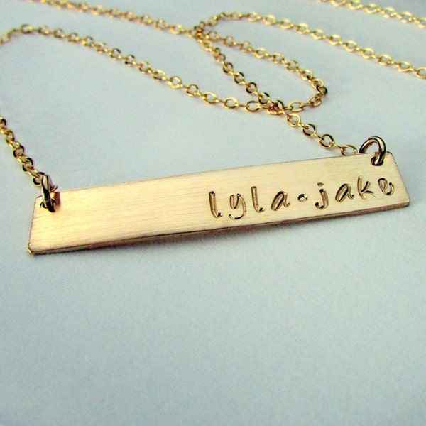 Gold Bar Necklace, Custom Name Plate, 14K GF Engraved Jewelry, Personalized Gold Letter Initial Pendant, E. Ria Designs